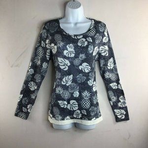 Gina Benotti Womens Black White Floral Knit T Shirt Long Sleeve Round Neck SZ S